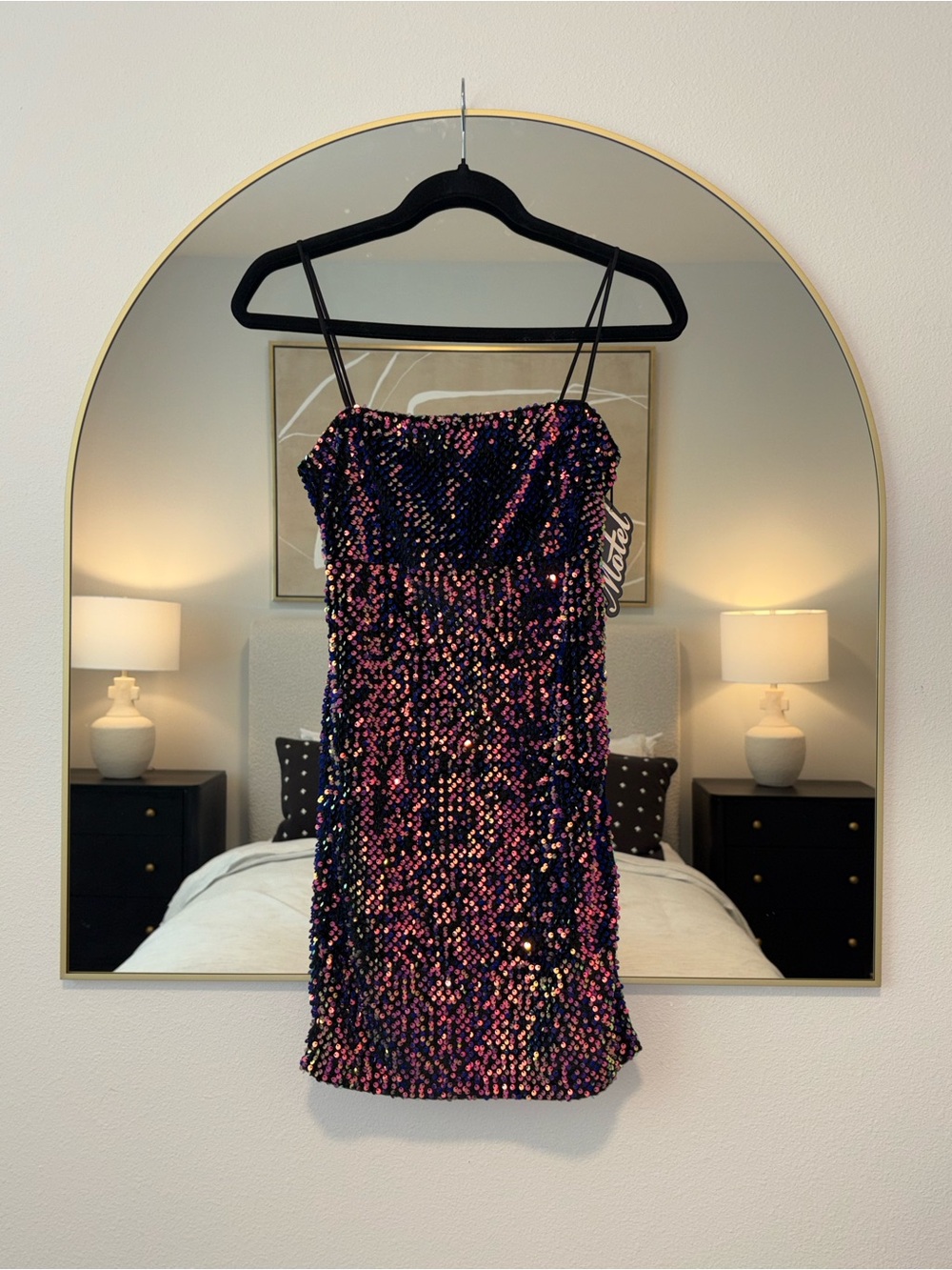 Motel Rocks Pink and Purple Sequin Spaghetti Strap Mini Dress